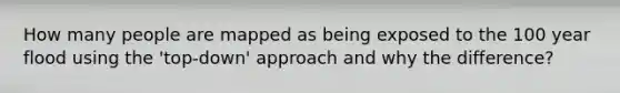 How many people are mapped as being exposed to the 100 year flood using the 'top-down' approach and why the difference?