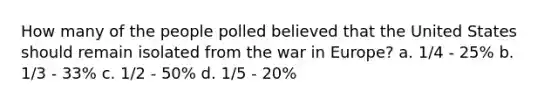 How many of the people polled believed that the United States should remain isolated from the war in Europe? a. 1/4 - 25% b. 1/3 - 33% c. 1/2 - 50% d. 1/5 - 20%