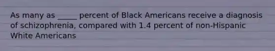 As many as _____ percent of Black Americans receive a diagnosis of schizophrenia, compared with 1.4 percent of non-Hispanic White Americans