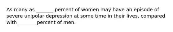 As many as _______ percent of women may have an episode of severe unipolar depression at some time in their lives, compared with _______ percent of men.