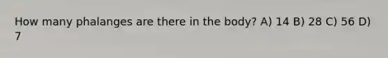 How many phalanges are there in the body? A) 14 B) 28 C) 56 D) 7