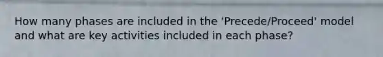 How many phases are included in the 'Precede/Proceed' model and what are key activities included in each phase?