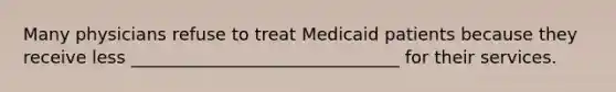 Many physicians refuse to treat Medicaid patients because they receive less _______________________________ for their services.