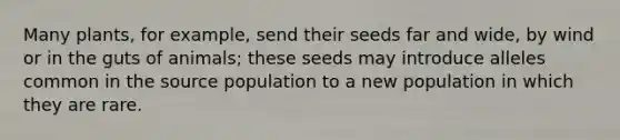 Many plants, for example, send their seeds far and wide, by wind or in the guts of animals; these seeds may introduce alleles common in the source population to a new population in which they are rare.