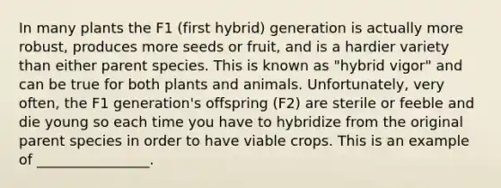 In many plants the F1 (first hybrid) generation is actually more robust, produces more seeds or fruit, and is a hardier variety than either parent species. This is known as "hybrid vigor" and can be true for both plants and animals. Unfortunately, very often, the F1 generation's offspring (F2) are sterile or feeble and die young so each time you have to hybridize from the original parent species in order to have viable crops. This is an example of ________________.