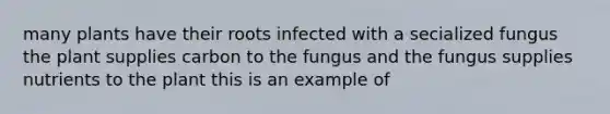 many plants have their roots infected with a secialized fungus the plant supplies carbon to the fungus and the fungus supplies nutrients to the plant this is an example of