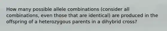 How many possible allele combinations (consider all combinations, even those that are identical) are produced in the offspring of a heterozygous parents in a dihybrid cross?