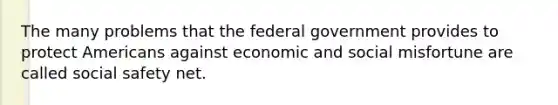 The many problems that the federal government provides to protect Americans against economic and social misfortune are called social safety net.