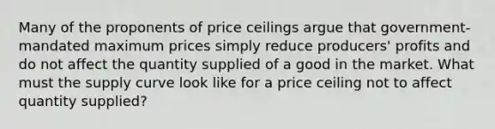 Many of the proponents of price ceilings argue that government-mandated maximum prices simply reduce producers' profits and do not affect the quantity supplied of a good in the market. What must the supply curve look like for a price ceiling not to affect quantity supplied?