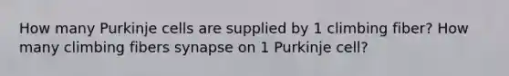 How many Purkinje cells are supplied by 1 climbing fiber? How many climbing fibers synapse on 1 Purkinje cell?