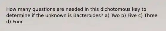 How many questions are needed in this dichotomous key to determine if the unknown is Bacteroides? a) Two b) Five c) Three d) Four