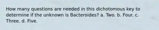 How many questions are needed in this dichotomous key to determine if the unknown is Bacteroides? a. Two. b. Four. c. Three. d. Five.