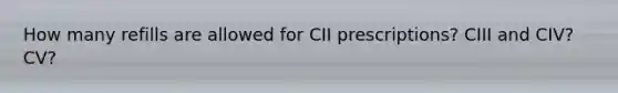 How many refills are allowed for CII prescriptions? CIII and CIV? CV?