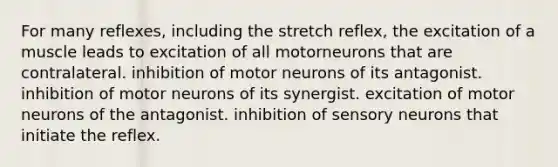 For many reflexes, including the stretch reflex, the excitation of a muscle leads to excitation of all motorneurons that are contralateral. inhibition of motor neurons of its antagonist. inhibition of motor neurons of its synergist. excitation of motor neurons of the antagonist. inhibition of sensory neurons that initiate the reflex.