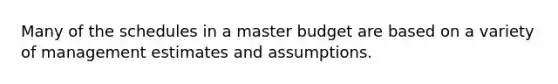 Many of the schedules in a master budget are based on a variety of management estimates and assumptions.