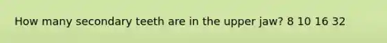 How many secondary teeth are in the upper jaw? 8 10 16 32