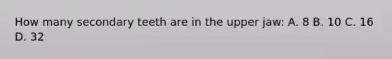 How many secondary teeth are in the upper jaw: A. 8 B. 10 C. 16 D. 32