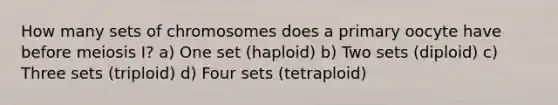 How many sets of chromosomes does a primary oocyte have before meiosis I? a) One set (haploid) b) Two sets (diploid) c) Three sets (triploid) d) Four sets (tetraploid)