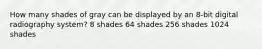 How many shades of gray can be displayed by an 8-bit digital radiography system? 8 shades 64 shades 256 shades 1024 shades