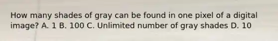 How many shades of gray can be found in one pixel of a digital image? A. 1 B. 100 C. Unlimited number of gray shades D. 10