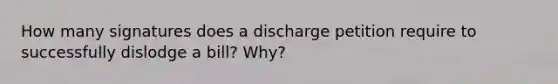 How many signatures does a discharge petition require to successfully dislodge a bill? Why?