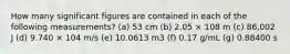 How many significant figures are contained in each of the following measurements? (a) 53 cm (b) 2.05 × 108 m (c) 86,002 J (d) 9.740 × 104 m/s (e) 10.0613 m3 (f) 0.17 g/mL (g) 0.88400 s