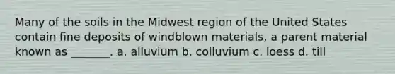 Many of the soils in the Midwest region of the United States contain fine deposits of windblown materials, a parent material known as _______. a. alluvium b. colluvium c. loess d. till