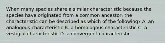 When many species share a similar characteristic because the species have originated from a common ancestor, the characteristic can be described as which of the following? A. an analogous characteristic B. a homologous characteristic C. a vestigial characteristic D. a convergent characteristic