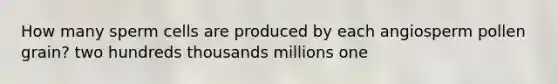 How many sperm cells are produced by each angiosperm pollen grain? two hundreds thousands millions one