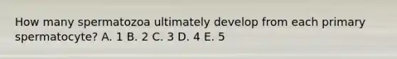 How many spermatozoa ultimately develop from each primary spermatocyte? A. 1 B. 2 C. 3 D. 4 E. 5