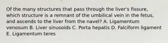 Of the many structures that pass through the liver's fissure, which structure is a remnant of the umbilical vein in the fetus, and ascends to the liver from the navel? A. Ligamentum venosum B. Liver sinusoids C. Porta hepatis D. Falciform ligament E. Ligamentum teres