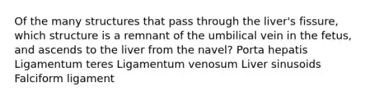 Of the many structures that pass through the liver's fissure, which structure is a remnant of the umbilical vein in the fetus, and ascends to the liver from the navel? Porta hepatis Ligamentum teres Ligamentum venosum Liver sinusoids Falciform ligament