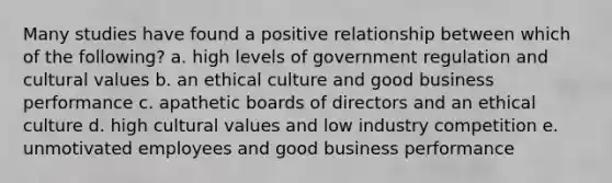 Many studies have found a positive relationship between which of the following? a. high levels of government regulation and cultural values b. an ethical culture and good business performance c. apathetic boards of directors and an ethical culture d. high cultural values and low industry competition e. unmotivated employees and good business performance