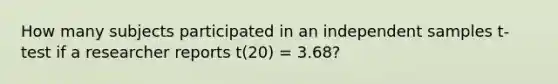 How many subjects participated in an independent samples t-test if a researcher reports t(20) = 3.68?