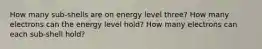 How many sub-shells are on energy level three? How many electrons can the energy level hold? How many electrons can each sub-shell hold?