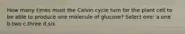 How many times must the Calvin cycle turn for the plant cell to be able to produce one molecule of glucose? Select one: a.one b.two c.three d.six