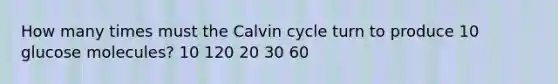 How many times must the Calvin cycle turn to produce 10 glucose molecules? 10 120 20 30 60