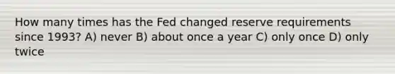 How many times has the Fed changed reserve requirements since 1993? A) never B) about once a year C) only once D) only twice