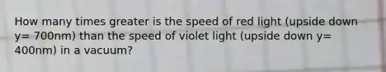 How many times greater is the speed of red light (upside down y= 700nm) than the speed of violet light (upside down y= 400nm) in a vacuum?