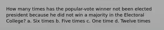 How many times has the popular-vote winner not been elected president because he did not win a majority in the <a href='https://www.questionai.com/knowledge/ku06PV1rQK-electoral-college' class='anchor-knowledge'>electoral college</a>? a. Six times b. Five times c. One time d. Twelve times