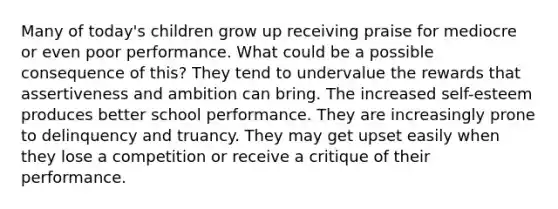 Many of today's children grow up receiving praise for mediocre or even poor performance. What could be a possible consequence of this? They tend to undervalue the rewards that assertiveness and ambition can bring. The increased self-esteem produces better school performance. They are increasingly prone to delinquency and truancy. They may get upset easily when they lose a competition or receive a critique of their performance.