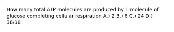 How many total ATP molecules are produced by 1 molecule of glucose completing cellular respiration A.) 2 B.) 6 C.) 24 D.) 36/38