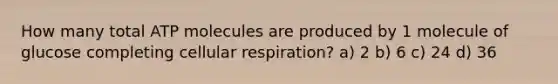 How many total ATP molecules are produced by 1 molecule of glucose completing cellular respiration? a) 2 b) 6 c) 24 d) 36