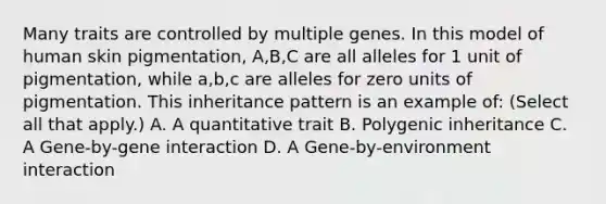 Many traits are controlled by multiple genes. In this model of human skin pigmentation, A,B,C are all alleles for 1 unit of pigmentation, while a,b,c are alleles for zero units of pigmentation. This inheritance pattern is an example of: (Select all that apply.) A. A quantitative trait B. Polygenic inheritance C. A Gene-by-gene interaction D. A Gene-by-environment interaction