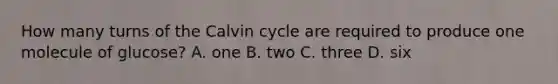 How many turns of the Calvin cycle are required to produce one molecule of glucose? A. one B. two C. three D. six