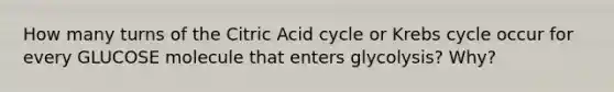 How many turns of the Citric Acid cycle or Krebs cycle occur for every GLUCOSE molecule that enters glycolysis? Why?