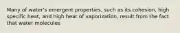 Many of water's emergent properties, such as its cohesion, high specific heat, and high heat of vaporization, result from the fact that water molecules