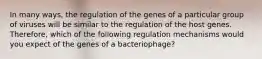 In many ways, the regulation of the genes of a particular group of viruses will be similar to the regulation of the host genes. Therefore, which of the following regulation mechanisms would you expect of the genes of a bacteriophage?