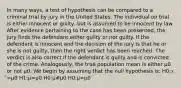 In many ways, a test of hypothesis can be compared to a criminal trial by jury in the United States. The individual on trial is either innocent or guilty, but is assumed to be innocent by law. After evidence pertaining to the case has been presented, the jury finds the defendant either guilty or not guilty. If the defendant is innocent and the decision of the jury is that he or she is not guilty, then the right verdict has been reached. The verdict is also correct if the defendant is guilty and is convicted of the crime. Analogously, the true population mean is either μ0 or not μ0. We begin by assuming that the null hypothesis is: Η0:𝑥 ̅=μ0 Η1:μ=μ0 Η0:μ#μ0 Η0:μ=μ0