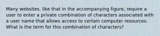 Many websites, like that in the accompanying figure, require a user to enter a private combination of characters associated with a user name that allows access to certain computer resources. What is the term for this combination of characters?